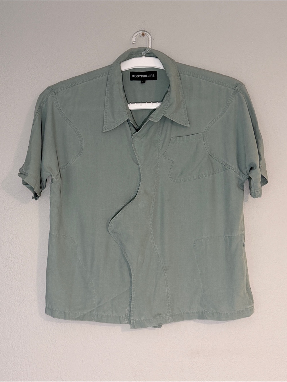 Kody Phillips Sage Green Wavy Curve Button Up Short Sleeve Shirt Size L